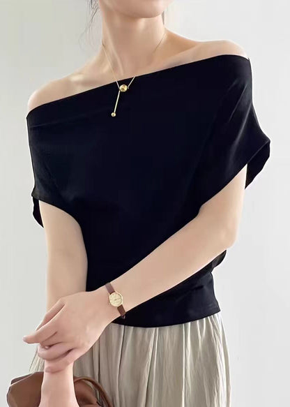 Summer Neck T Women Black Cotton Solid Shirt Slash FashionChic