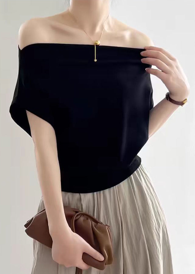 Summer Neck T Women Black Cotton Solid Shirt Slash FashionChic