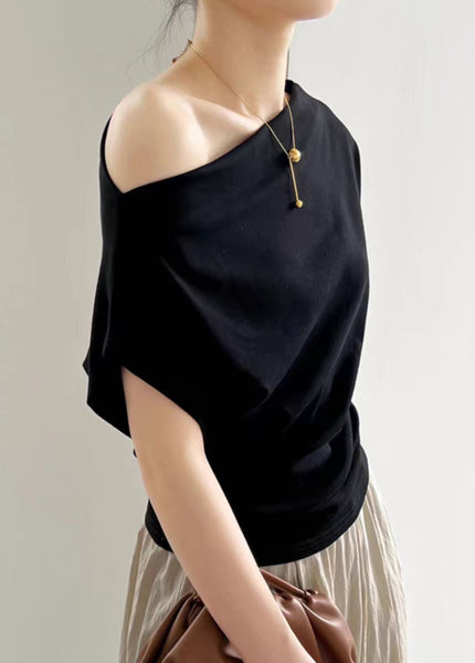 Summer Neck T Women Black Cotton Solid Shirt Slash FashionChic