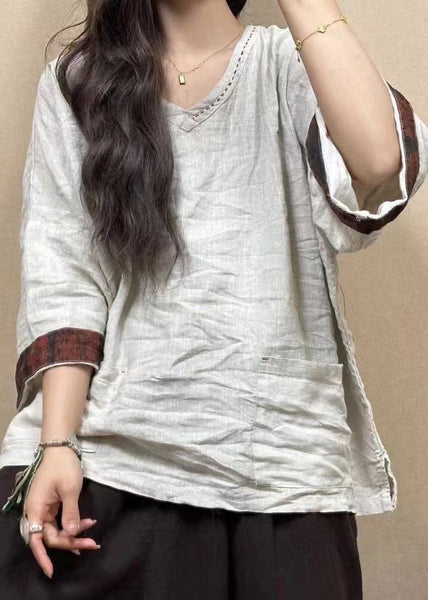 Women Black Solid Pockets Linen Top Bracelet Sleeve GG034 MZF-HTP240610