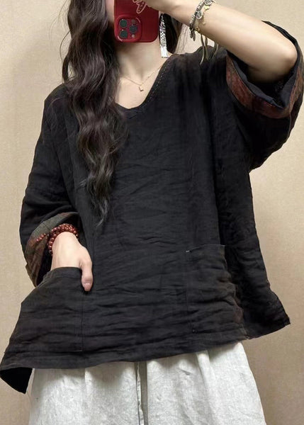 Women Black Solid Pockets Linen Top Bracelet Sleeve GG034 MZF-HTP240610