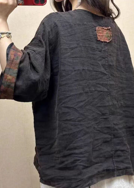 Women Black Solid Pockets Linen Top Bracelet Sleeve GG034 MZF-HTP240610