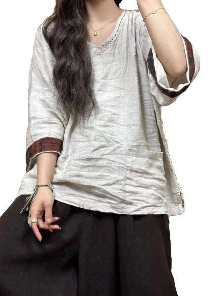 Women Black Solid Pockets Linen Top Bracelet Sleeve GG034 MZF-HTP240610