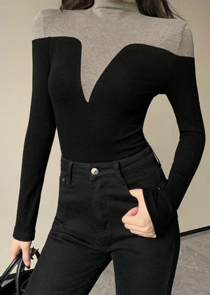 Women Black Stand Collar Patchwork Cotton Tops Spring YP014 ABC