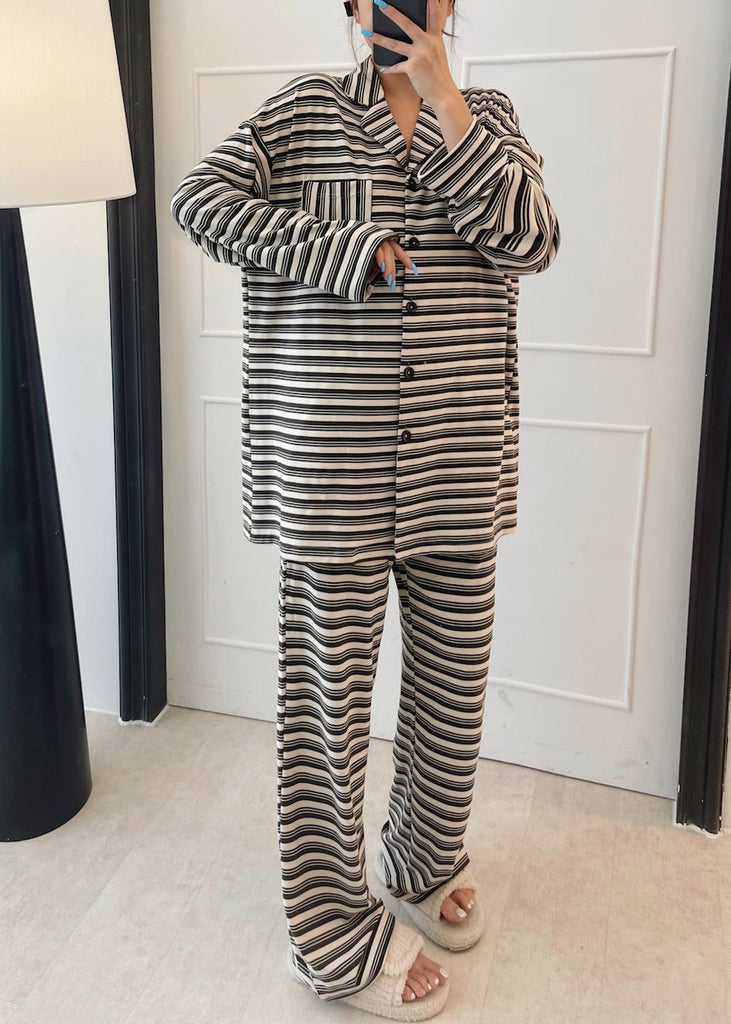 Women Black Striped Patchwork Cotton Two Piece Set Long Sleeve XS1007 Ada Fashion