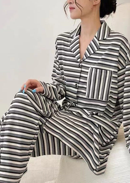 Women Black Striped Patchwork Cotton Two Piece Set Long Sleeve XS1007 Ada Fashion