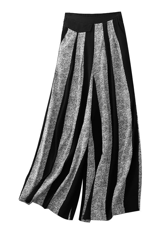 Women Black Striped Patchwork Cotton Wide Leg Pants Fall RU024 ABC