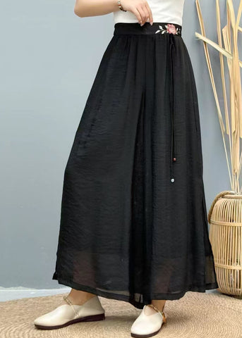 Embroidered Tasseled Wide Black Summer Linen Pants Leg Women FashionChic