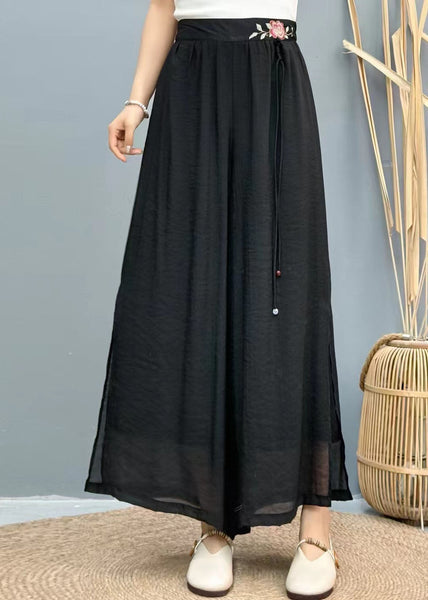 Embroidered Tasseled Wide Black Summer Linen Pants Leg Women FashionChic