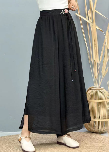 Embroidered Tasseled Wide Black Summer Linen Pants Leg Women FashionChic