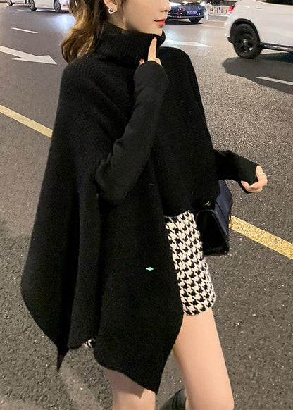 Women Black Turtleneck Asymmetrical Knit Cape Sweaters Spring YW040 ABC