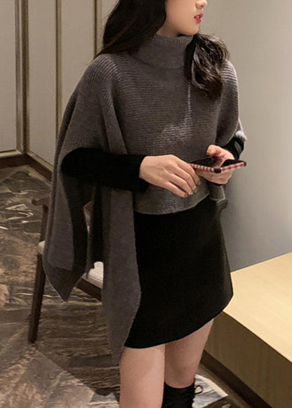 Women Black Turtleneck Asymmetrical Knit Cape Sweaters Spring YW040 ABC