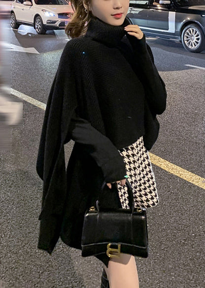 Women Black Turtleneck Asymmetrical Knit Cape Sweaters Spring YW040 ABC