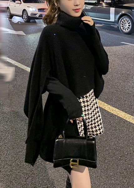Women Black Turtleneck Asymmetrical Knit Cape Sweaters Spring YW040 ABC