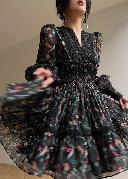 Women Black V Neck Print Lace Patchwork Chiffon Short Dress Long Sleeve XX094 SH-LF-FDM240611