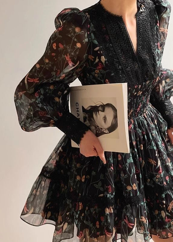 Women Black V Neck Print Lace Patchwork Chiffon Short Dress Long Sleeve XX094 SH-LF-FDM240611