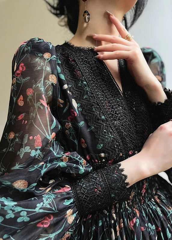 Women Black V Neck Print Lace Patchwork Chiffon Short Dress Long Sleeve XX094 SH-LF-FDM240611