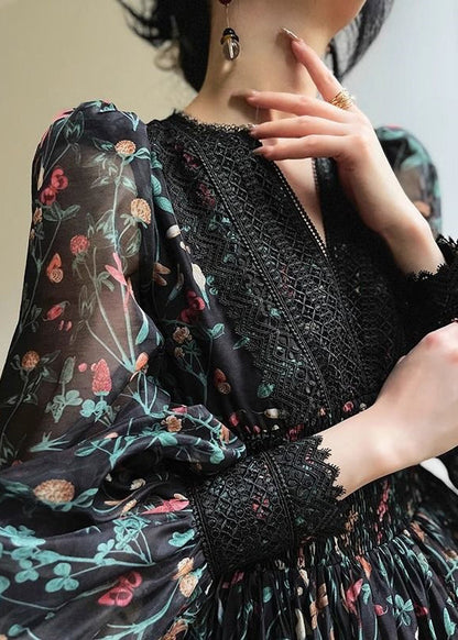 Women Black V Neck Print Lace Patchwork Chiffon Short Dress Long Sleeve XX094 SH-LF-FDM240611