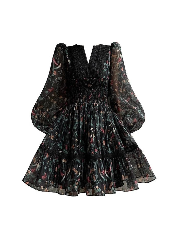 Women Black V Neck Print Lace Patchwork Chiffon Short Dress Long Sleeve XX094 SH-LF-FDM240611