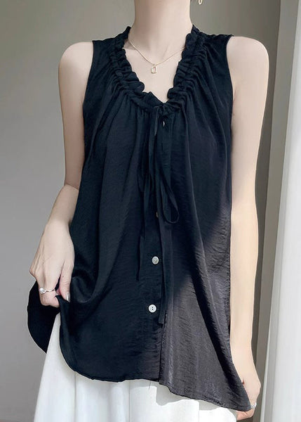 Button Summer Cotton Ruffled Black Neck Women V Blouse FashionChic