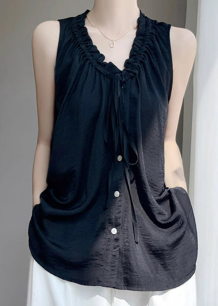 Button Summer Cotton Ruffled Black Neck Women V Blouse FashionChic