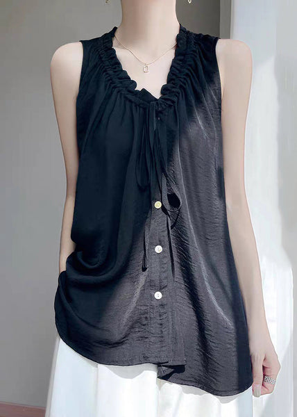 Button Summer Cotton Ruffled Black Neck Women V Blouse FashionChic