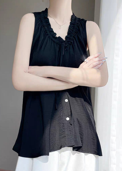 Button Summer Cotton Ruffled Black Neck Women V Blouse FashionChic