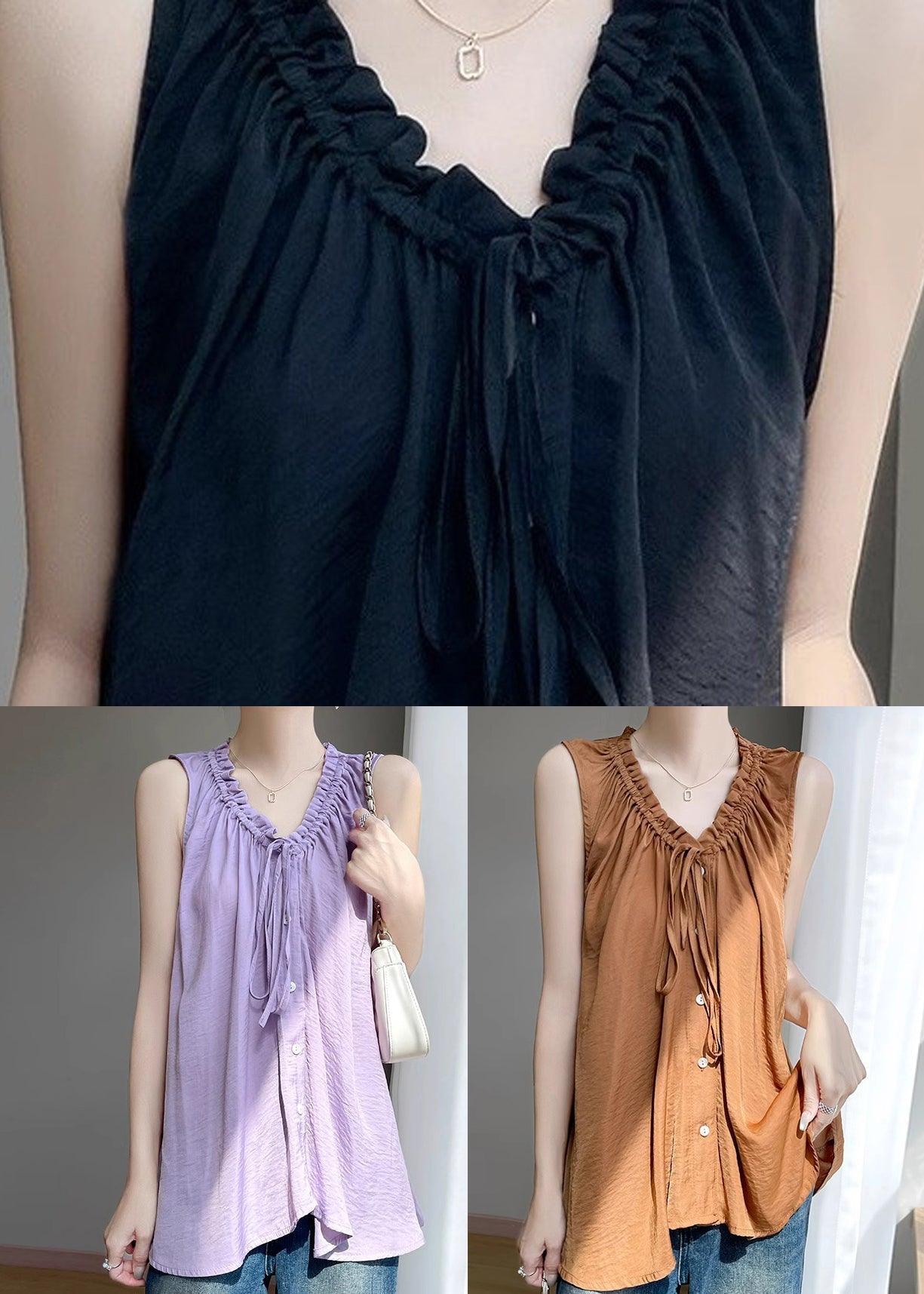 Button Summer Cotton Ruffled Black Neck Women V Blouse FashionChic