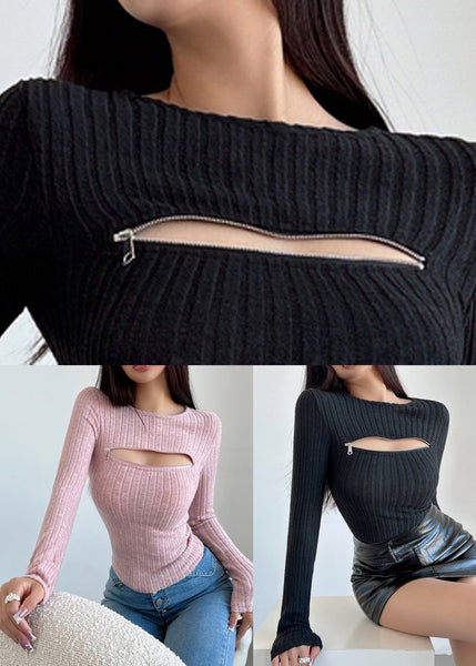 Women Black Zip Up Solid Knit Sweaters Fall AL1053 Genistyle Shop