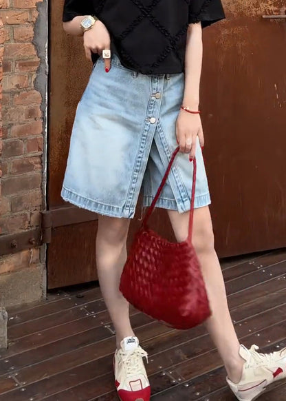 Summer Shorts False Women Denim Two Pieces Button Blue FashionChic
