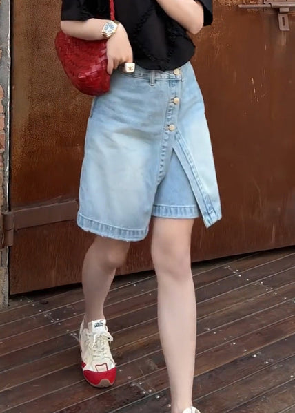 Summer Shorts False Women Denim Two Pieces Button Blue FashionChic