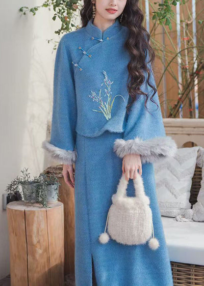 Women Blue Fur Collar Tops And Skirts Cotton Filled Two Pieces Set Winter RH030 ABC