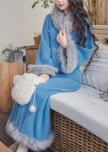 Women Blue Fur Collar Tops And Skirts Cotton Filled Two Pieces Set Winter RH030 ABC