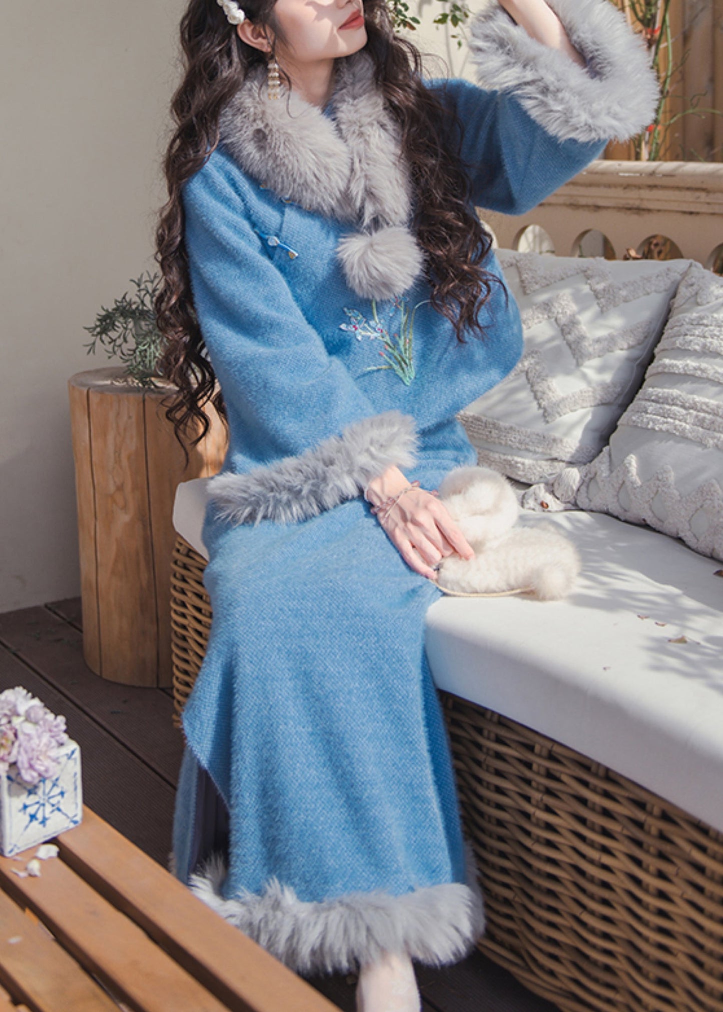 Women Blue Fur Collar Tops And Skirts Cotton Filled Two Pieces Set Winter RH030 ABC