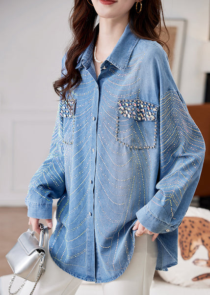 Spring Bead Button Women Zircon Denim Shirts Nail Blue FashionChic