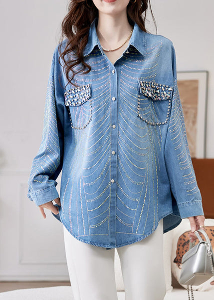 Spring Bead Button Women Zircon Denim Shirts Nail Blue FashionChic