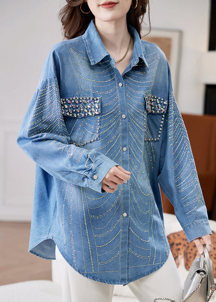 Spring Bead Button Women Zircon Denim Shirts Nail Blue FashionChic
