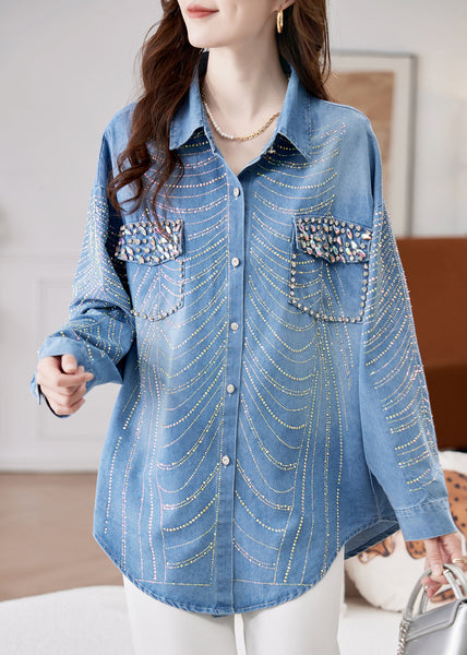 Spring Bead Button Women Zircon Denim Shirts Nail Blue FashionChic