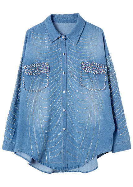Spring Bead Button Women Zircon Denim Shirts Nail Blue FashionChic