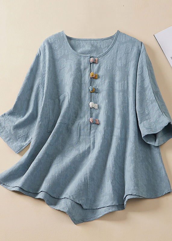 Women Blue O Neck Chinese Button Jacquard Linen Shirt Summer AM1041 Genistyle Shop