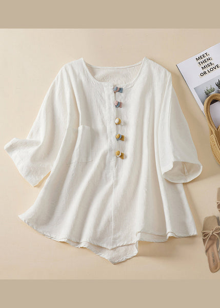 Women Blue O Neck Chinese Button Jacquard Linen Shirt Summer AM1041 Genistyle Shop