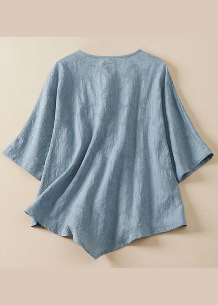 Women Blue O Neck Chinese Button Jacquard Linen Shirt Summer AM1041 Genistyle Shop