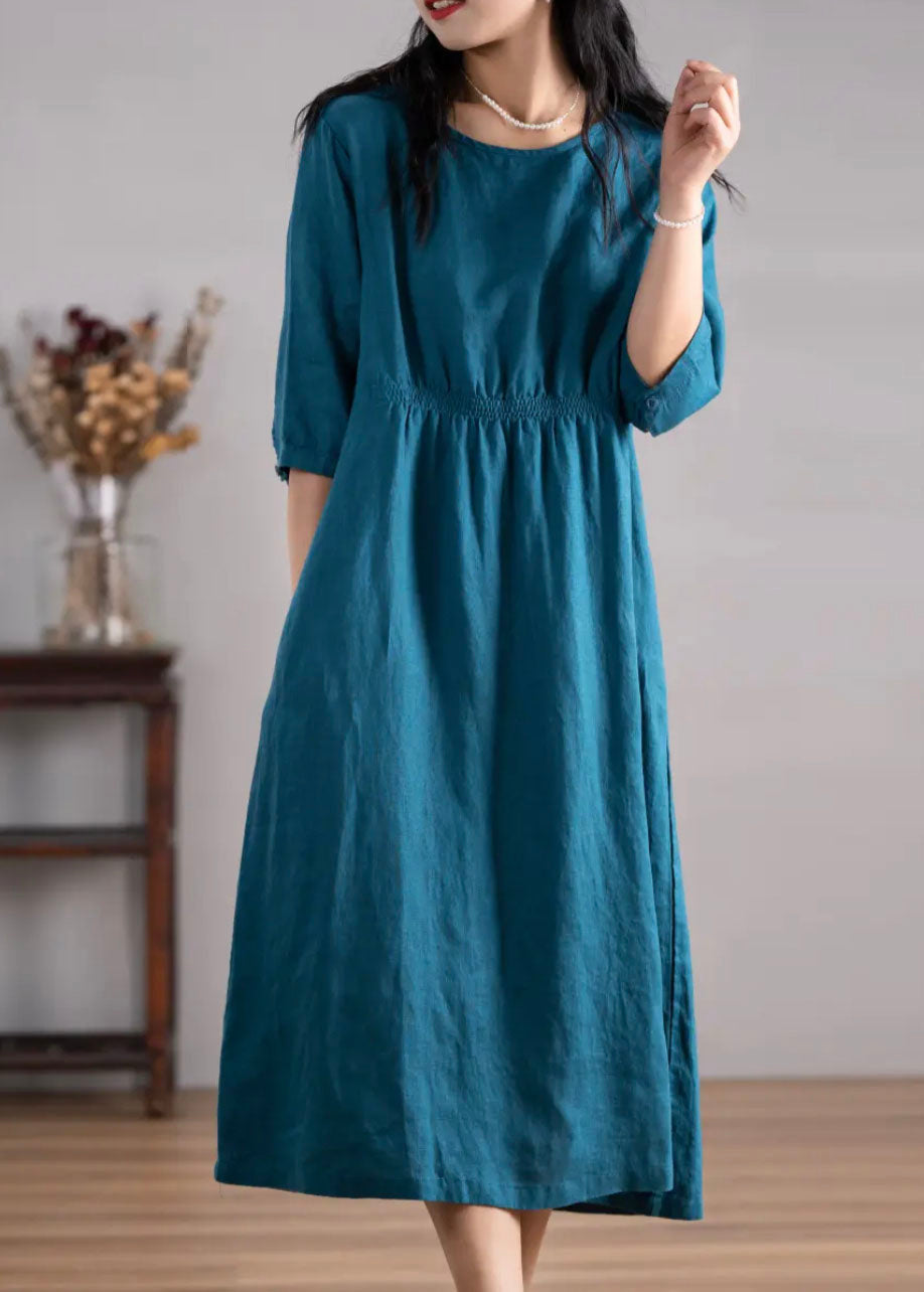 Women Blue O Neck Pockets Wrinkled Linen Dresses Summer AP049 GK-SDL240718