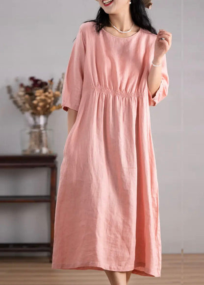 Women Blue O Neck Pockets Wrinkled Linen Dresses Summer AP049 GK-SDL240718