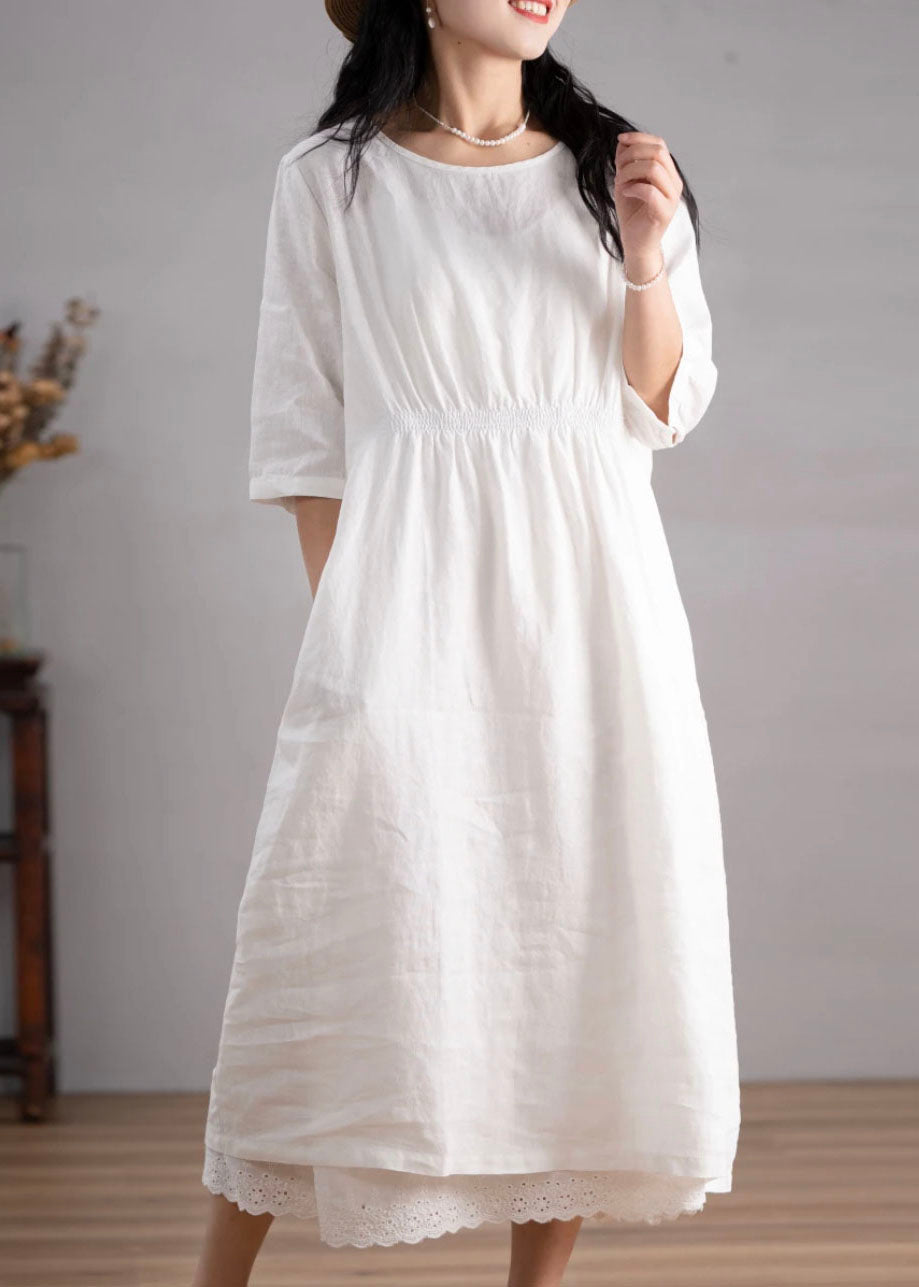 Women Blue O Neck Pockets Wrinkled Linen Dresses Summer AP049 GK-SDL240718