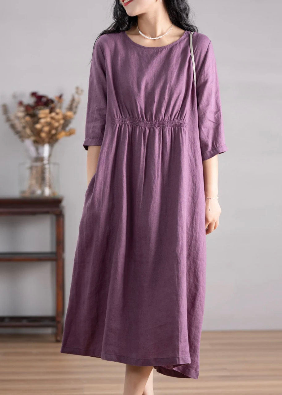 Women Blue O Neck Pockets Wrinkled Linen Dresses Summer AP049 GK-SDL240718