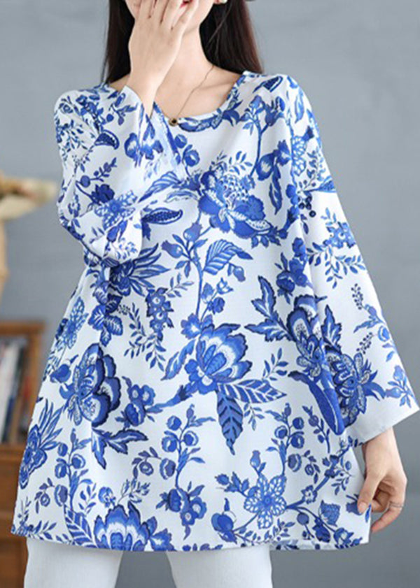 Women Blue O Neck Print Plus Size Cotton Tops Fall OO037 OM-CS240814