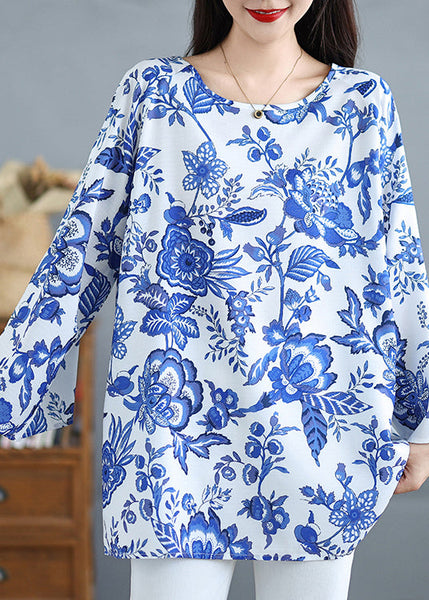 Women Blue O Neck Print Plus Size Cotton Tops Fall OO037 OM-CS240814