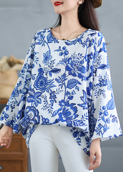 Women Blue O Neck Print Plus Size Cotton Tops Fall OO037 OM-CS240814