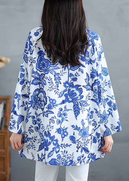 Women Blue O Neck Print Plus Size Cotton Tops Fall OO037 OM-CS240814